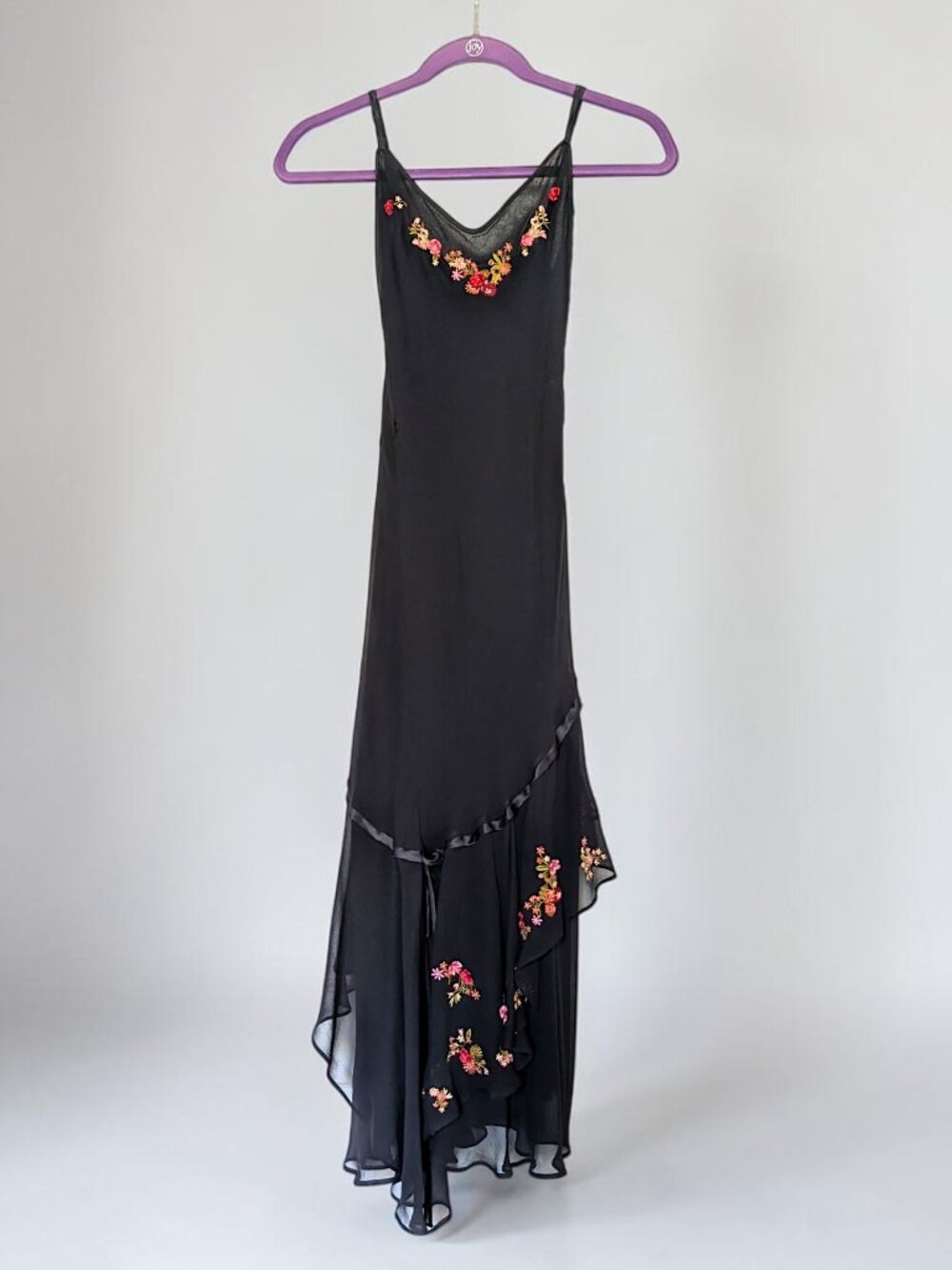 Betsey Johnson Black Slip Dress with Floral Embroidery